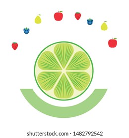 Fruits and berries. Colorful cartoon fruit icons: apple, pear, blackberry, strawberry, lime. Vector background.
