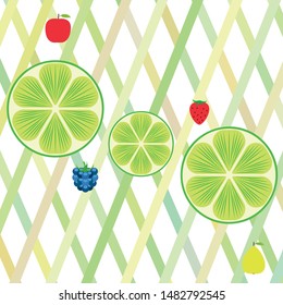Fruits and berries. Colorful cartoon fruit icons: apple, pear, blackberry, strawberry, lime. Vector background.
