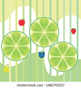 Fruits and berries. Colorful cartoon fruit icons: apple, pear, blackberry, strawberry, lime. Vector background.