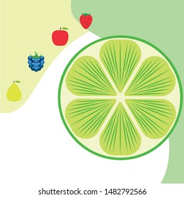 Fruits and berries. Colorful cartoon fruit icons: apple, pear, blackberry, strawberry, lime. Vector background.
