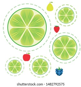 Fruits and berries. Colorful cartoon fruit icons: apple, pear, blackberry, strawberry, lime. Vector background.