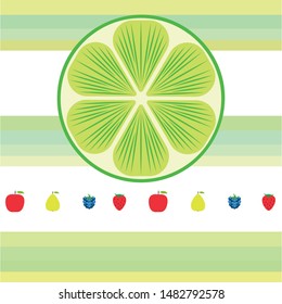 Fruits and berries. Colorful cartoon fruit icons: apple, pear, blackberry, strawberry, lime. Vector background.