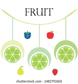 Fruits and berries. Colorful cartoon fruit icons: apple, pear, blackberry, strawberry, lime. Vector background.