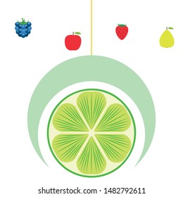 Fruits and berries. Colorful cartoon fruit icons: apple, pear, blackberry, strawberry, lime. Vector background.