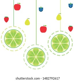 Fruits and berries. Colorful cartoon fruit icons: apple, pear, blackberry, strawberry, lime. Vector background.