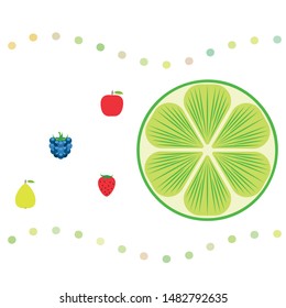 Fruits and berries. Colorful cartoon fruit icons: apple, pear, blackberry, strawberry, lime. Vector background.