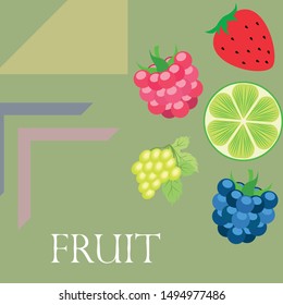 Fruits and berries. Colorful cartoon fruit icons: blackberry, raspberry, grape, strawberr, lime. Vector background.