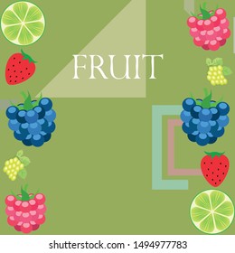 Fruits and berries. Colorful cartoon fruit icons: blackberry, raspberry, grape, strawberr, lime. Vector background.