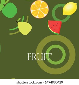 Fruits and berries. Colorful cartoon fruit icons: orange, pear, apple, lemon, watermelon. Vector background.