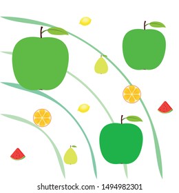 Fruits and berries. Colorful cartoon fruit icons: orange, pear, apple, lemon, watermelon. Vector background.
