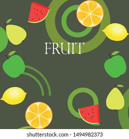 Fruits and berries. Colorful cartoon fruit icons: orange, pear, apple, lemon, watermelon. Vector background.