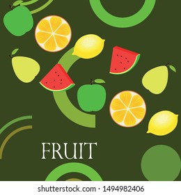 Fruits and berries. Colorful cartoon fruit icons: orange, pear, apple, lemon, watermelon. Vector background.