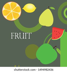 Fruits and berries. Colorful cartoon fruit icons: orange, pear, apple, lemon, watermelon. Vector background.