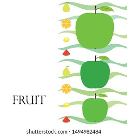 Fruits and berries. Colorful cartoon fruit icons: orange, pear, apple, lemon, watermelon. Vector background.