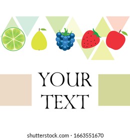 Fruits and berries. Colorful cartoon fruit icons: apple, pear, blackberry, strawberry, lime. Vector background.
