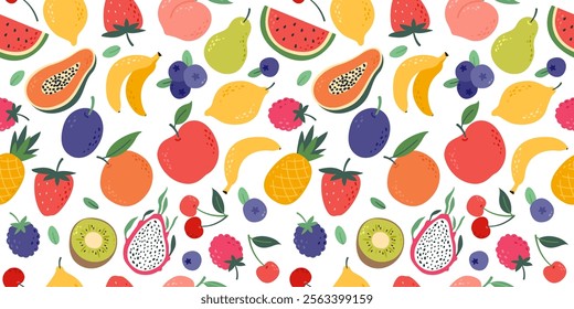 Fruits and Berries Colorful Seamless pattern. Pear, Lemon, Kiwi, Plum, Papaya, Blueberry, Strawberry, Apple, Pitaya, Tangerine, Cherry, Peach, Watermelon, Banana, Pineapple. Vector illustration