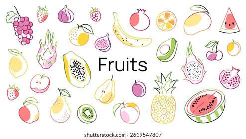 Frutas e bagas colorido conjunto em estilo de doodle minimalista.  Vetor abstrato moderno ilustração de alimentos saudáveis de verão