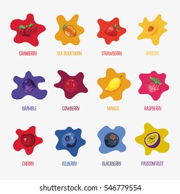 Fruits And Berries Colorful Vector Drawing Illustration Set. Cranberry, Strawberry, Apricot, Bramble, Cowberry, Mango, Raspberry, Cherry, Bilberry, Blackberry, Passionfruit