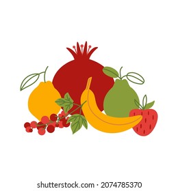 Fruits and berries composition on a white background. Vector flat illustration with pomegranate, banana, lemon, strawberry, currant, pear