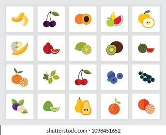 Fruits and berries concept. Flat icon set. Vegetarian food, healthy eating, detox meal. Can be used for topics like food, dieting, agriculture