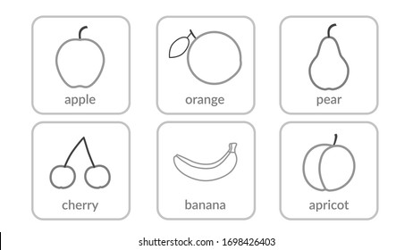 Fruits and berries contours, objects outline icons set, isolated white background. Summer fresh food. Juicy tasty healthy dessert. Organic products nutrition. Symbol health, diet Vector illustration