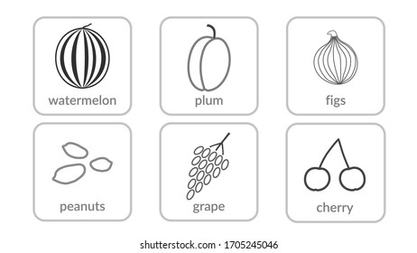 Contornos de frutas y bayas, objetos contornos iconos, fondo blanco aislado. Cocina fresca de verano. Jugoso postre saludable. Nutrición de productos orgánicos. Símbolos, dietas, ilustración vectorial