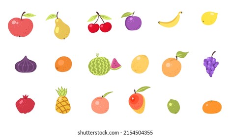Fruits and berries cute drawn doodle icons vector set. Illustration of colored and monochrome fruits for farm product design. Cuisine, vegetarian food. Lemon, banana, orange, tangerine, pear, apple.