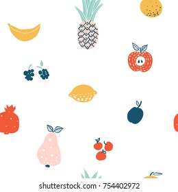 Fruits and berries cute flat icons seamless pattern: lemon,apple, pear, pineapple. Colorful design for cards, banners, printed materials, textile. Doodle style. Template for cafe, restaurant, bar. 