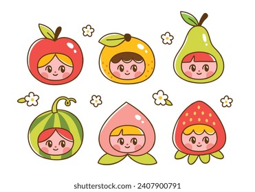 Fruits and berries with cute kids faces. Vector illustration of adorable girls dressed as watermelon, apple, peach, strawberry, pear and orange mascots. Hand drawn characters in cartoon style.