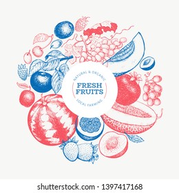 Fruits and berries design template. Hand drawn vector tropic fruits illustration. Engraved style fruit. Retro exotic food banner.