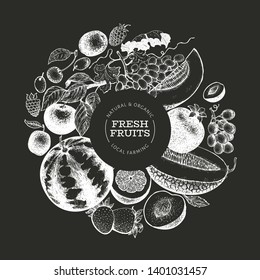 Fruits and berries design template. Hand drawn vector tropic fruits illustration on chalk board. Engraved style fruit. Vintage exotic food banner.