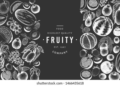 Fruits and berries design template. Hand drawn vector tropic fruits illustration on chalk board. Engraved style fruit. Vintage exotic food banner.