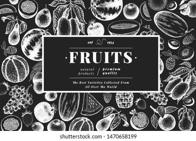 Fruits and berries design template. Hand drawn vector tropic fruits illustrations on chalk board. Engraved style fruit. Retro exotic food banner.