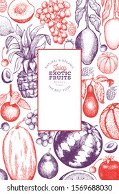 Fruits and berries design template. Hand drawn vector tropic fruits illustration. Engraved style fruit. Retro exotic food banner.