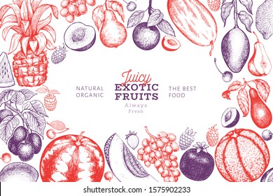 Fruits and berries design template. Hand drawn vector tropic fruits illustration. Engraved style fruit. Retro exotic food banner.