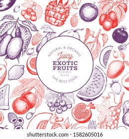 Fruits and berries design template. Hand drawn vector tropic fruits illustration. Engraved style fruit. Retro exotic food banner.