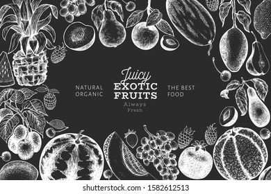 Fruits and berries design template. Hand drawn vector tropic fruits illustration on chalk board. Engraved style fruit. Vintage exotic food banner.