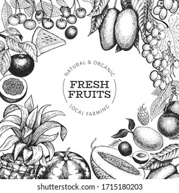 Fruits and berries design template. Hand drawn vector tropic fruits illustration. Engraved style fruit. Retro exotic food banner.