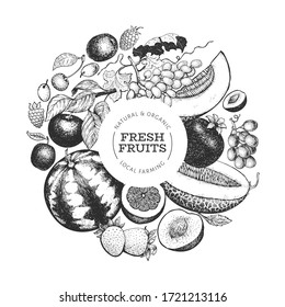 Fruits and berries design template. Hand drawn vector tropic fruits illustration. Engraved style fruit. Retro exotic food banner.