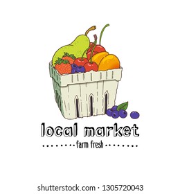 Fruits and berries in disposable carton box. Hand drawn vector illustration of local summer fruits. Colorful sketch of vegetarian and vegan food, quick healthy raw snack. Local farmer's market emblem.