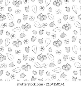 Fruits, berries doodle. Healthy food background. A set of seamless pattern with Raspberry, vector graphics, 1000x1000.