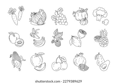 Conjunto de doodle de frutas y bayas Vector ilustración en blanco y negro aislada en fondo blanco