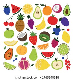 Fruits and berries doodles set. Tropical fruit colour cliparts. Orange, apple, pineapple, bananas, grape, pear, lemon. Healthy and vegan food. Hand drawn vector illustration isolated on white background