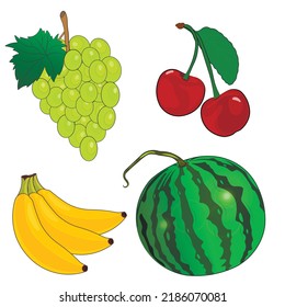 Früchte und Beeren gezeichnet Symbole Vektorset. Farbige Obstgrafik für die Gestaltung von Agrarprodukten, vegetarisches Handelsmarken. Banane, Wassermelonen, Weintrauben, Kirschen.	