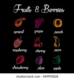 Fruits and berries. Eco food. Hand drawn apricot, grape, peach, raspberry, cherry, pear, strawberry, plum, apple. Sketch style fruits on black background. Vector illustration