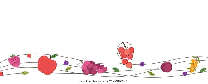 Fruits and berries empty banner template. Sweet vegan organic food, fresh farm market poster. Agriculture, season harvest decorative vector background