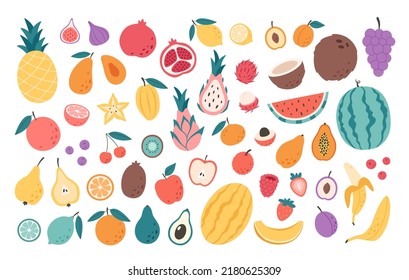 Frutas, bayas y colección de frutas exóticas. Nutrición orgánica natural. Alimentos saludables, productos dietéticos, productos frescos de alimentación vitamínica. Ilustración vectorial en estilo plano