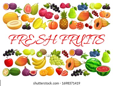 Fruits and berries, exotic tropical garden and farm market harvest, vector poster. Tropic pineapple, banana and papaya, strawberry, raspberry and blackcurrant, watermelon and grape, blueberry and pear