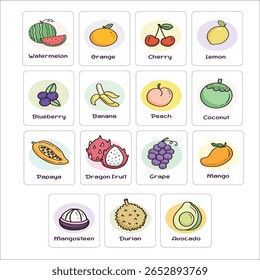 frutas e bagas flashcards coleção para aprender palavras em inglês. Bonito desenho animado kawaii comida com rostos. Jogo educacional para crianças do jardim de infância, alunos e pré-escola. Ilustração vetorial. 115º