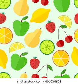 Fruits and berries. Flat design. Seamless pattern. Vector illustration.